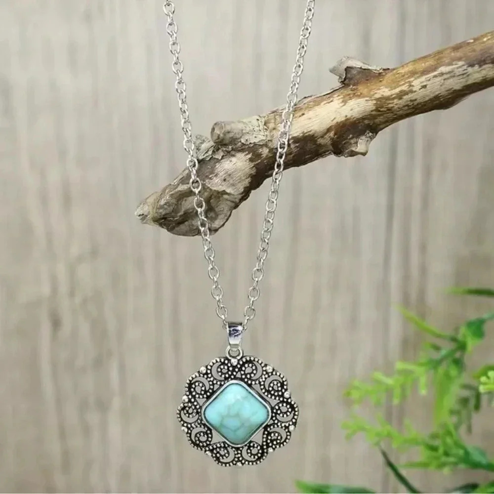 Vintage Silver Turquoise Charm Necklace